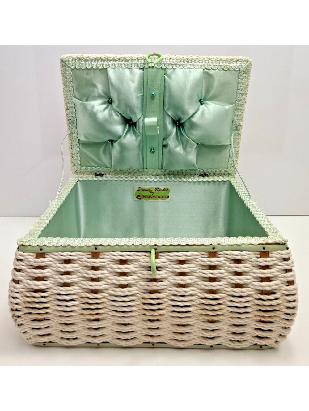 Vtg 60s Plastic Wicker Sewing Basket Green White Grandma Cottagecore Japan
